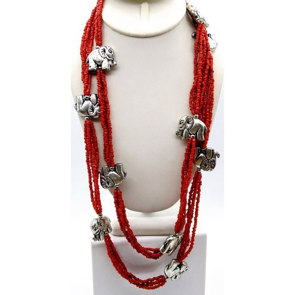 Amazing Elephant Statement Necklace, Vintage Tribal Red Seed Bead Multi Strand - Picture 3 of 3